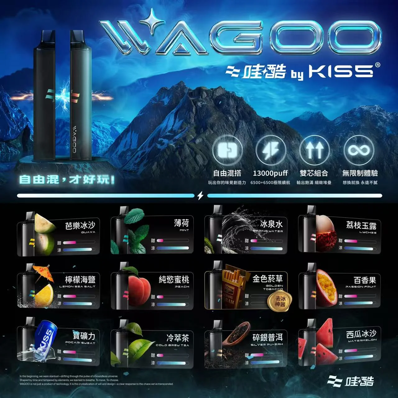 WAGOO哇酷Kiss5 6500口拋棄式 | 自由混搭雙口味 | 雙芯組合